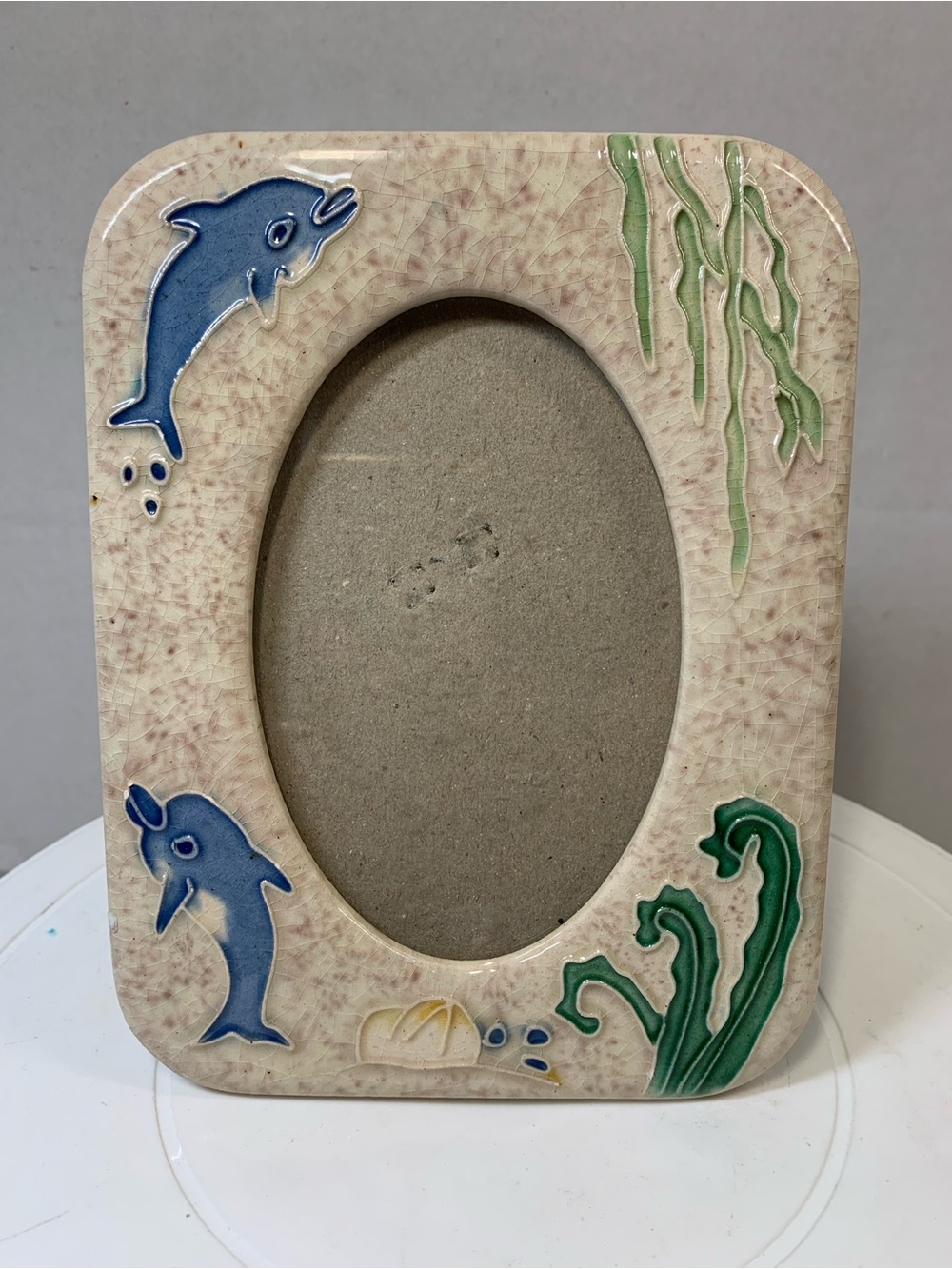Crackle Ceramic Dolphin & Seaweed Square with Oval Picture 3837